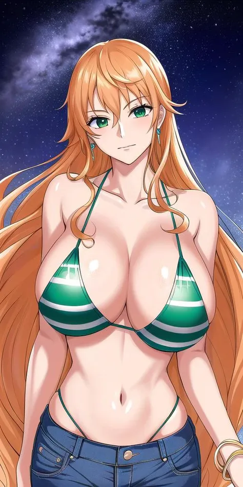 <lora:NamiV2:0.7> n4mi, huge_breasts, standing, solo, TSN4mi_long_hair, Green_striped_bikini_top_only_Jeans, starry_sky,, masterpiece, best quality, detailed face, detailed eyes, highres,