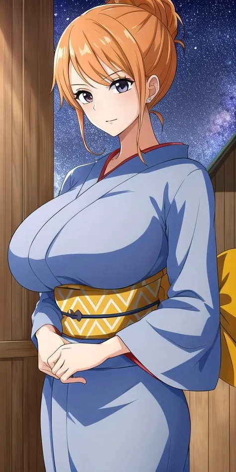 <lora:NamiV2:0.7> n4mi, huge_breasts, standing, solo, N4mi_half_updo, kimono, starry_sky,, masterpiece, best quality, detailed face, detailed eyes, highres,