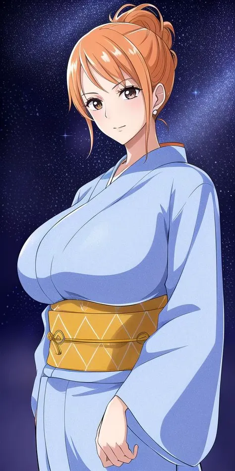 <lora:NamiV2:0.7> n4mi, huge_breasts, standing, solo, N4mi_half_updo, kimono, starry_sky,, masterpiece, best quality, detailed face, detailed eyes, highres,