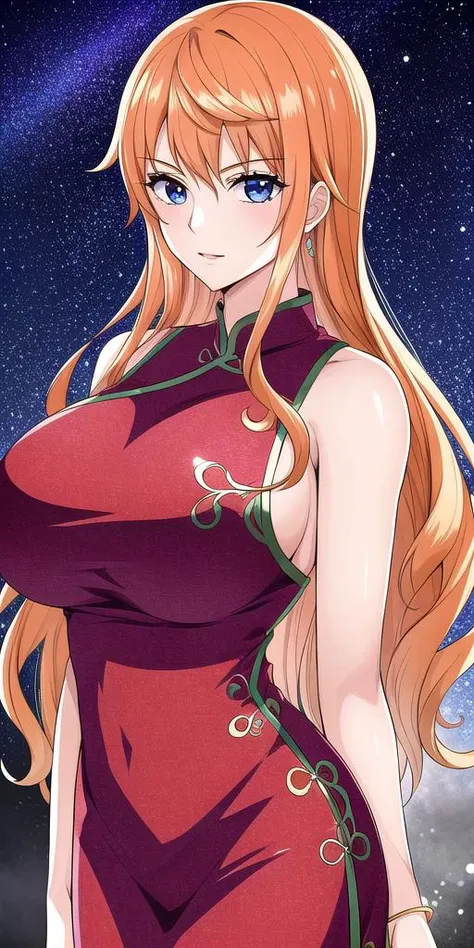 <lora:NamiV2:0.7> n4mi, huge_breasts, standing, solo, TSN4mi_long_hair, china_dress, starry_sky,, masterpiece, best quality, detailed face, detailed eyes, highres,