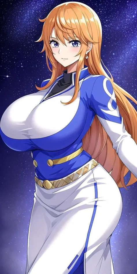 <lora:NamiV2:0.7> n4mi, huge_breasts, standing, solo, TSN4mi_long_hair, skirt_suit, starry_sky,, masterpiece, best quality, detailed face, detailed eyes, highres,