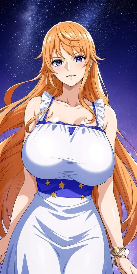 <lora:NamiV2:0.7> n4mi, huge_breasts, standing, solo, TSN4mi_long_hair, sundress, starry_sky,, masterpiece, best quality, detailed face, detailed eyes, highres,