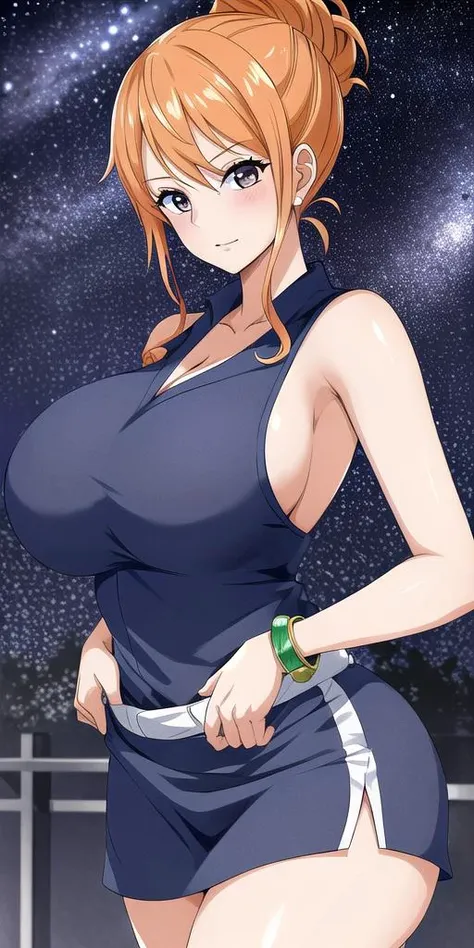 <lora:NamiV1:0.7> n4mi, huge_breasts, standing, solo, OGN4mi_short_hair, sundress, starry_sky,, masterpiece, best quality, detailed face, detailed eyes, highres,