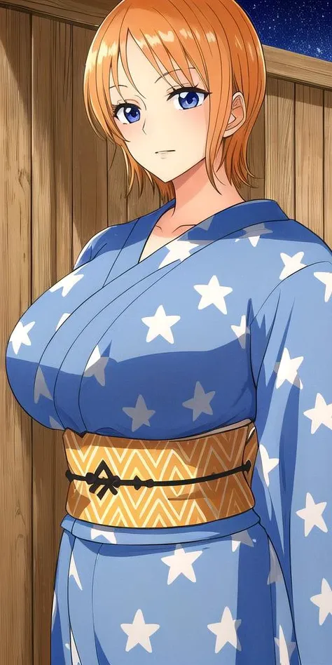 <lora:NamiV2:0.7> n4mi, huge_breasts, standing, solo, OGN4mi_short_hair, kimono, starry_sky,, masterpiece, best quality, detailed face, detailed eyes, highres,