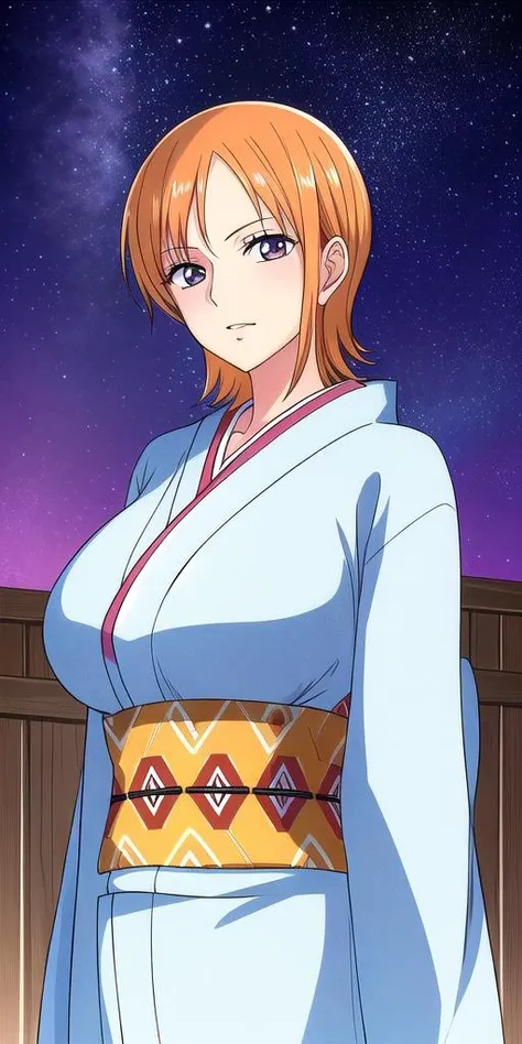 <lora:NamiV2:0.7> n4mi, huge_breasts, standing, solo, OGN4mi_short_hair, kimono, starry_sky,, masterpiece, best quality, detailed face, detailed eyes, highres,