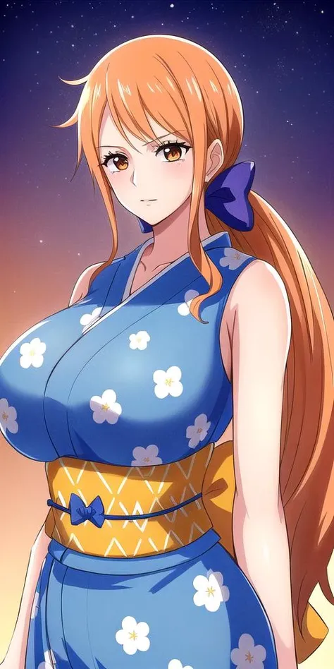 <lora:NamiV2:0.7> n4mi, huge_breasts, standing, solo, WanoN4mi_hair_bow_low_ponytail, Blue_sleeveless_short_kimono_Floral_print_Orange_back_bow, starry_sky,, masterpiece, best quality, detailed face, detailed eyes, highres,