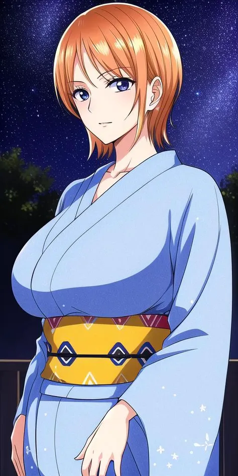 <lora:NamiV2:0.7> n4mi, huge_breasts, standing, solo, OGN4mi_short_hair, kimono, starry_sky,, masterpiece, best quality, detailed face, detailed eyes, highres,