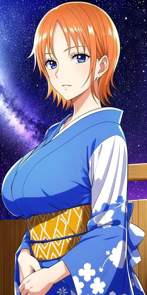 <lora:NamiV2:0.7> n4mi, huge_breasts, standing, solo, OGN4mi_short_hair, kimono, starry_sky,, masterpiece, best quality, detailed face, detailed eyes, highres,