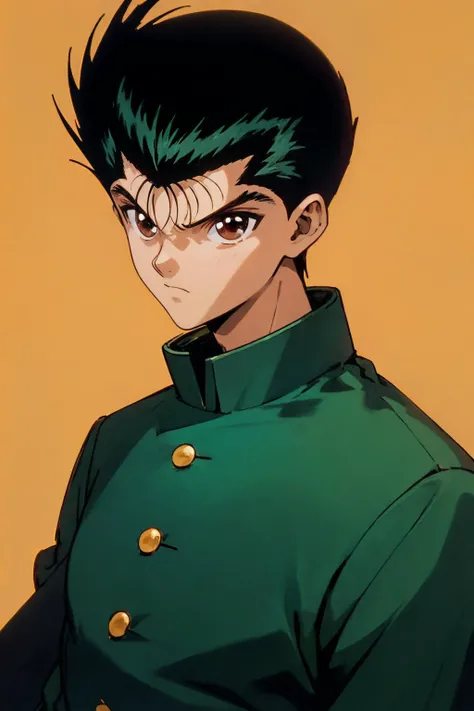 masterpiece,best quality,1boy,yusukeurameshi,1boy,black hair,brown eyes,gakuran,green jacket,upper body,solo,simple background,<lora:YusukeUrameshi:1>,