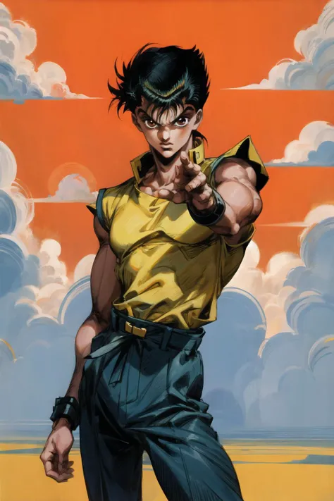 masterpiece,best quality,1boy,solo,yusukeurameshi,black hair,brown eyes,yellow shirt,dougi,looking at viewer,blue sky,<lora:YusukeUrameshi:0.8>,<lora:more_details:0.6>,<lora:neg4all_bdsqlsz_V3.5:1.5>,(masterpiece,best quality,ultra_detailed,highres,absurdres:1.2),<lora:arakistyle-000006:0.4>,arakistyle,stand_(jojo),araki_hirohiko_(style),<lora:jojostyle:0.3>,jojostyle,jojo pose,fighting stance,