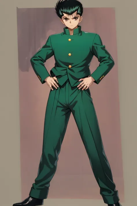 masterpiece, best quality, 1boy, yusukeurameshi, 1boy, black hair, brown eyes, gakuran, green jacket, belt, school uniform, hands on hips, looking at viewer, full body, standing, contrapposto, solo, simple background <lora:YusukeUrameshi:1>