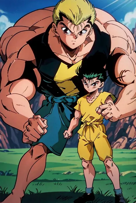 1boy, yusukeurameshi, solo, black hair, brown eyes, yellow shirt, dougi, clenched hands, looking at viewer, blue sky, meadow background <lora:YusukeUrameshi:1.2>, 8k, best quality, flat color, <lora:Yamamoto_Doujin_v2_Dim64:0.8>