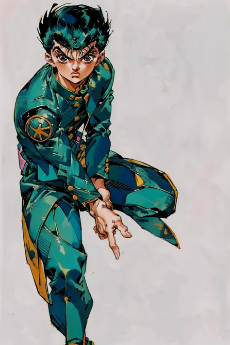 1boy,yusukeurameshi,black hair,brown eyes,gakuran,green jacket,belt,school uniform,looking at viewer,standing,solo,(simple background:1.3),<lora:YusukeUrameshi:0.8>,<lora:detail_slider_v4:2>,<lora:arakistyle-000006:0.3>,arakistyle,stand_(jojo),araki_hirohiko_(style),<lora:jojostyle:0.6>,jojostyle,jojo pose,close-up,Finger to the screen,<lora:NijiExpressV2:0.3>,