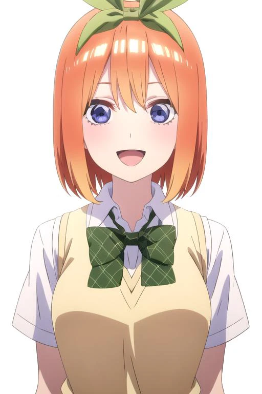 solo, 1girl, looking at viewer, 2D, anime, anime coloring, upper body, (solid white background:1.3), <lora:yotsuba-5toubun:0.8>, yotsuba nakano, sweater vest, white shirt, bowtie, short sleeves, looking at viewer, smile, :D