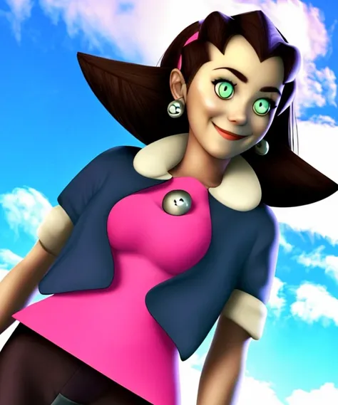 Masterpiece, Best quality, 4k resolution, beautiful eyes, Tron Bonne, 1girl, smile, jewelry, earrings, green eyes, gloves, jacket, hairband, solo, hand on hip, open jacket, cropped jacket, looking at viewer, cloud, open clothes, brown hair, sky, short sleeves, crotch plate, day, hair pulled back, grin, pink hairband, long hair, breasts, blue sky,
<lora:tronBonneLora_tronbonnev1:1>