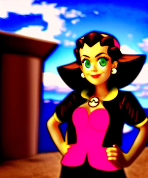 Masterpiece, Best quality, 4k resolution, beautiful eyes, Tron Bonne, 1girl, smile, jewelry, earrings, green eyes, gloves, jacket, hairband, solo, hand on hip, open jacket, cropped jacket, looking at viewer, cloud, open clothes, brown hair, sky, short sleeves, crotch plate, day, hair pulled back, grin, pink hairband, long hair, breasts, blue sky,
<lora:tronBonneLora_tronbonnev1:1>