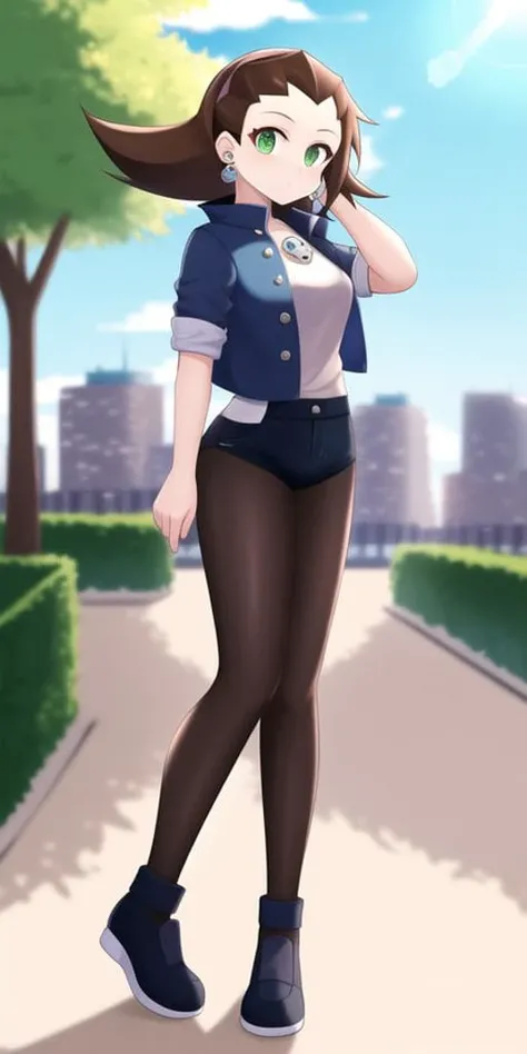 Masterpiece, Best quality, 4k resolution, sunny day, city, blue skies, beautiful eyes, full body, Tron Bonne, Earrings, Headband, Brown Hair, Green Eyes, light Skin, open jacket, cropped jacket, looking at viewer,