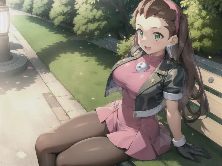 (masterpieces,8K,HDR,extremely delicate and beautiful,best quality:1.2),science fiction,delicate background,perfect anatomy,good anatomy,from above,solo focus,1girl,tron bonne \(mega man\),style of mega man legends,<lora:tronBonneLora_tronbonnev2:0.43>,tron bonne, skull head earrings, headband, pink hairband, brown Hair, long hair,(flipped hair:0.9),big hair,hair pulled back,Green Eyes, perfect face, light Skin, (shy expression),happy expression,open mouth,blush, medium breasts, open jacket, cropped jacket,black jacket,short sleeves, pink dress,pink gloves,(crotch plate:1.2),metallic plate,black pantyhose,standing,sitting on bench,stretch out,looking at viewer,in park,artificial fountain in background,trees,street lamp,