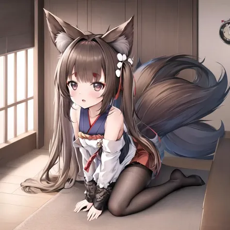 best_shadow, wallpaper, colorful, best_quality, highly_detailed, masterpiece, ultra-detailed, illustration, highres, bedroom, solo, 1girl, amagi-chan \(azur lane\), brown_hair, fox ears, fox girl, fox tail, <lora:Amagi-chan (Azur lane)(小天城)V1.0:1>, full body,