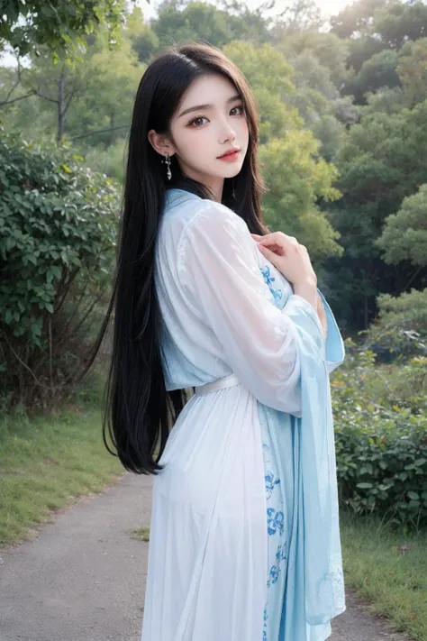 cinematic photo 1girl,brown eyes,(black long straight hair:1.2),(full body:1.2),looking at viewer,8k uhd,dslr,soft lighting,high quality,film overlay,film grain,Fujifilm XT3,outdoors,photorealistic,realistic,solo,upper body,richly defined face,dewy skin,products shot,(high detailed skin:1.2),detailed face and eyes,natural skin texture,highly detailed skin,textured skin,skin pores,imperfect skin,visible skin detail,detailed skin texture,dynamic pose,windy,young beauty,(hanfu,Extremely detailed blue chinese long embroidery silk robe),(transparent clothes:1.2),earrings,hairpin,necklace,architecture,east asian,riverside,forest,outdoors,sun light,<lora:é¿åV3:0.3>,<lora:è¢çç¾½-09:0.3>,<lora:yazhoumote_v1:0.3>,