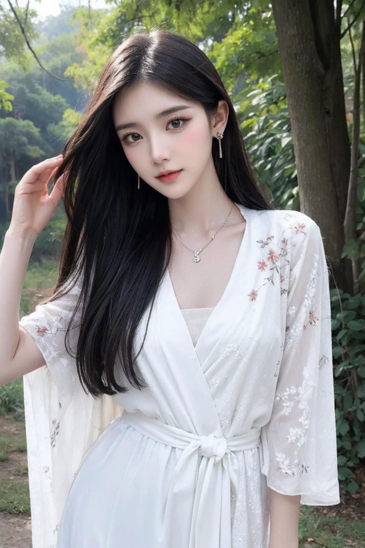 cinematic photo 1girl,brown eyes,(black long straight hair:1.2),(full body:1.2),looking at viewer,8k uhd,dslr,soft lighting,high quality,film overlay,film grain,Fujifilm XT3,outdoors,photorealistic,realistic,solo,upper body,richly defined face,dewy skin,products shot,(high detailed skin:1.2),detailed face and eyes,natural skin texture,highly detailed skin,textured skin,skin pores,imperfect skin,visible skin detail,detailed skin texture,dynamic pose,windy,young beauty,(hanfu,Extremely detailed white chinese long embroidery silk robe),(transparent clothes:1.2),earrings,hairpin,necklace,architecture,east asian,riverside,forest,outdoors,sun light,<lora:é¿åV3:0.3>,<lora:è¢çç¾½-09:0.3>,<lora:yazhoumote_v1:0.3>,