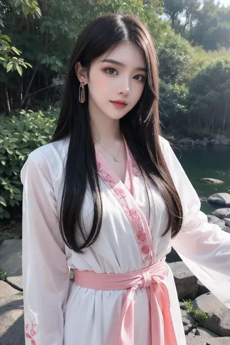cinematic photo 1girl,brown eyes,(black long straight hair:1.2),(full body:1.2),looking at viewer,8k uhd,dslr,soft lighting,high quality,film overlay,film grain,Fujifilm XT3,outdoors,photorealistic,realistic,solo,upper body,richly defined face,dewy skin,products shot,(high detailed skin:1.2),detailed face and eyes,natural skin texture,highly detailed skin,textured skin,skin pores,imperfect skin,visible skin detail,detailed skin texture,dynamic pose,windy,young beauty,(hanfu,Extremely detailed pink chinese long embroidery silk robe),(transparent clothes:1.2),earrings,hairpin,necklace,architecture,east asian,riverside,forest,outdoors,sun light,<lora:é¿åV3:0.3>,<lora:è¢çç¾½-09:0.3>,<lora:yazhoumote_v1:0.3>,