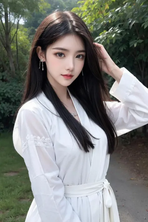 cinematic photo 1girl,brown eyes,(black long straight hair:1.2),(full body:1.2),looking at viewer,8k uhd,dslr,soft lighting,high quality,film overlay,film grain,Fujifilm XT3,outdoors,photorealistic,realistic,solo,upper body,richly defined face,dewy skin,products shot,(high detailed skin:1.2),detailed face and eyes,natural skin texture,highly detailed skin,textured skin,skin pores,imperfect skin,visible skin detail,detailed skin texture,dynamic pose,windy,young beauty,(hanfu,Extremely detailed white chinese long embroidery silk robe),(transparent clothes:1.2),earrings,hairpin,necklace,architecture,east asian,riverside,forest,outdoors,sun light,<lora:é¿åV3:0.3>,<lora:è¢çç¾½-09:0.3>,<lora:yazhoumote_v1:0.3>,