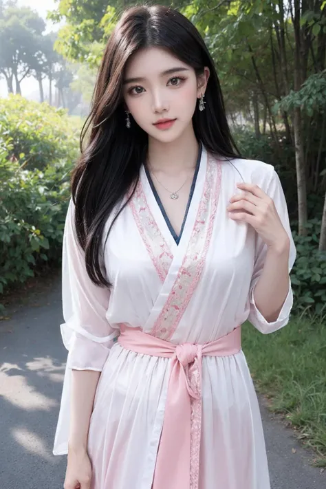 cinematic photo 1girl,brown eyes,(black long straight hair:1.2),(full body:1.2),looking at viewer,8k uhd,dslr,soft lighting,high quality,film overlay,film grain,Fujifilm XT3,outdoors,photorealistic,realistic,solo,upper body,richly defined face,dewy skin,products shot,(high detailed skin:1.2),detailed face and eyes,natural skin texture,highly detailed skin,textured skin,skin pores,imperfect skin,visible skin detail,detailed skin texture,dynamic pose,windy,young beauty,(hanfu,Extremely detailed pink chinese long embroidery silk robe),(transparent clothes:1.2),earrings,hairpin,necklace,architecture,east asian,riverside,forest,outdoors,sun light,<lora:é¿åV3:0.3>,<lora:è¢çç¾½-09:0.3>,<lora:yazhoumote_v1:0.3>,