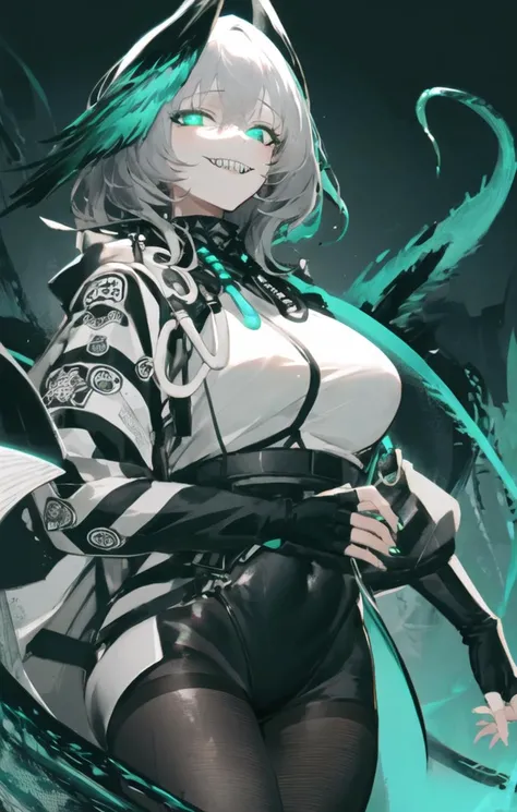 <lora:ho'olheyak:0.9> ho'olheyak \(arknights\), 1girl, head wings, solo, grey hair, fingerless gloves,black pantyhose, cowboy shot, masterpiece, naughty face, evil smile, sharp teeth, tail, monster girl,looking at viewer, illustration, (glowing:1.2),green theme,(hose:1.1),decorated,dark room,night, high contrast, bright,<lora:style_AGM:0.7>