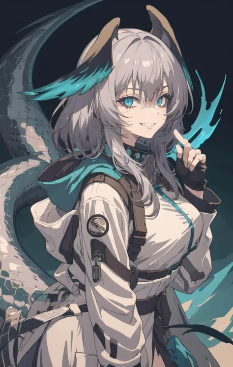 <lora:ho'olheyak:0.9:ALL> ho'olheyak \(arknights\), 1girl, head wings, solo, grey hair, fingerless gloves, cowboy shot, masterpiece, naughty face, evil smile, teeth, tail, monster girl,looking at viewer, <lora:风格 - ligneClaireStyleCogecha_30:0.7> lineart,ligne claire,
