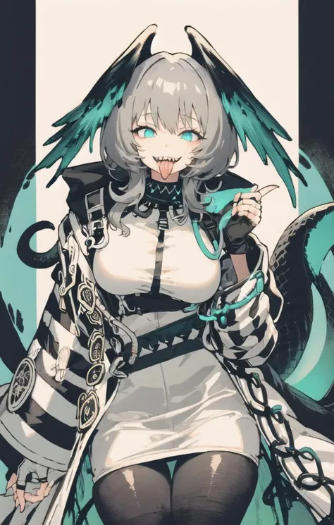<lora:ho'olheyak:0.9> ho'olheyak \(arknights\), 1girl, head wings, solo, grey hair, fingerless gloves,black pantyhose, cowboy shot, masterpiece, naughty face, evil smile, sharp teeth,licking lips, tail, monster girl,looking at viewer, illustration, (glowing:1.2),green theme,(hose:1.1),decorated,dark room,night, high contrast, bright,<lora:fuyuestylev3_10:0.7>