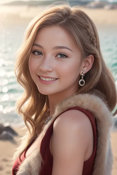 best quality, ultra high res, (photorealistic:1.4), a portrait of a girl, 1girl, looking at viewer, smiling, full body, makeup, ((wide angle)), , masterpiece, best quality, woman, clothes, earrings, rings, necklace, jewelry, on the beach, waves, sunny day , astrid, axe, furs, armor,  <lora:httydAstrid_astrid15V1:0.4>,  pureerosface_v1