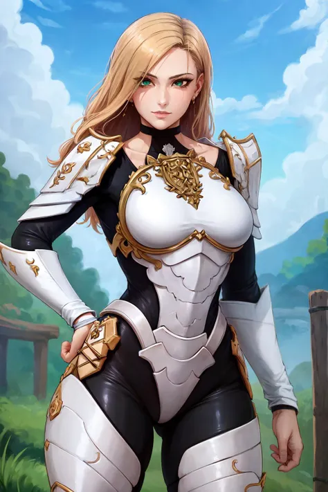 (masterpiece:1.2), (best quality:1.2), perfect eyes, perfect face, perfect lighting, 1girl, kisara in_black_tightsuit_under_the_shiny_(white_body_armor:1), big breasts, very wide hips, long blond hair, green eyes, fantasy, detailed outdoor background   <lora:kisaraFromTalesOf_kisara1:1>