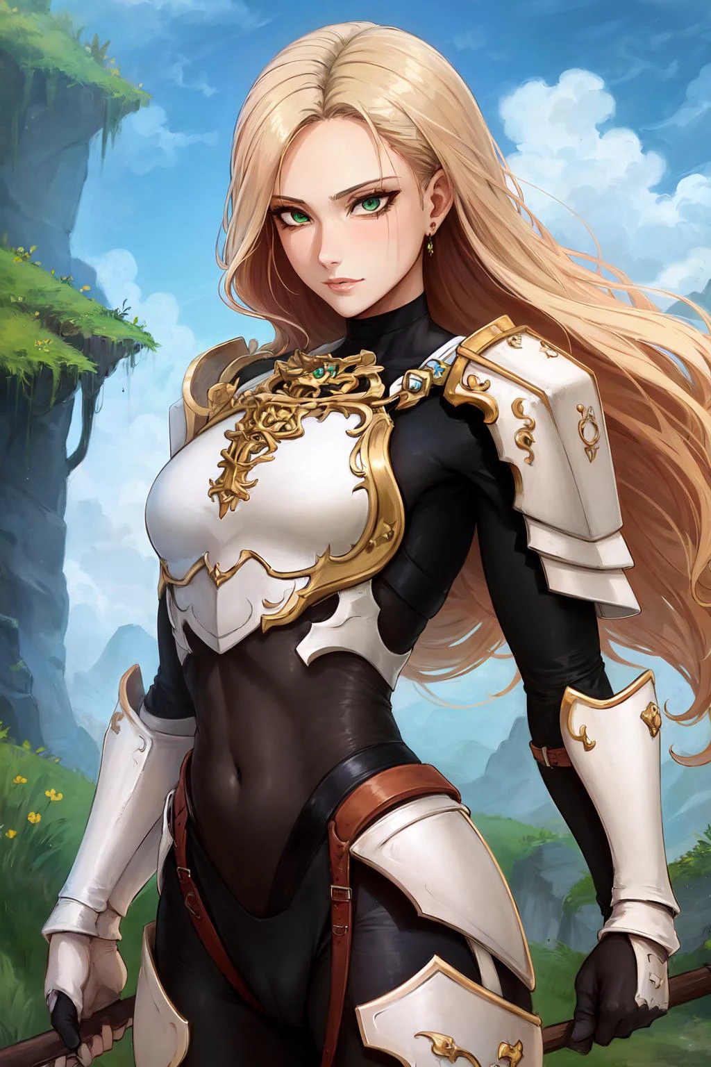 (masterpiece:1.2), (best quality:1.2), perfect eyes, perfect face, perfect lighting, 1girl, kisara in_black_tightsuit_under_the_shiny_(white_body_armor:1), long blond hair, green eyes, fantasy, detailed outdoor background <lora:kisaraFromTalesOf_kisara1:1>