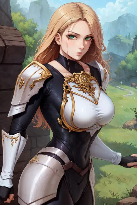 (masterpiece:1.2), (best quality:1.2), perfect eyes, perfect face, perfect lighting, 1girl, kisara in_black_tightsuit_under_the_shiny_(white_body_armor:1), big breasts, very wide hips, long blond hair, green eyes, fantasy, detailed outdoor background   <lora:kisaraFromTalesOf_kisara1:1>