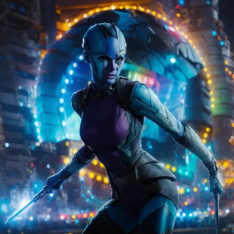 GOTGNEBULA, ROBOT, ALIEN, HUMANOID, Marvel Cinematic Universe, (best quality, masterpiece:1.4), ultra high res, cinematic, movie, (((picture-perfect))), Guardian of the galaxy, space ship, action pose, holding batons, Electroshock batons, glowing batons, universe, forcefields