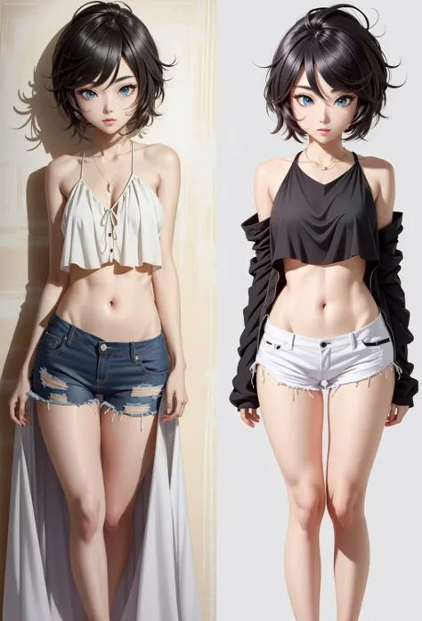 超A high resolution、Photorealsitic、Picture-like images、shortpants、short pants、hotpants、thighs thighs thighs thighs、beauty legs、Navel、stomach、medium chest、cleavage of the breast、Medium bob hair、A dark-haired、a beauty girl