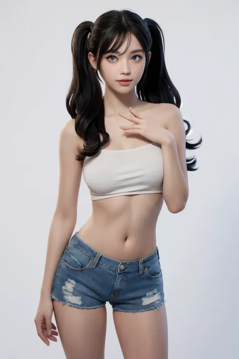 (masterpiece, best quality:1.2), 1girl, solo, standing, upper body, black hair, long hair, twintails, big hair, blue eyes, long eyelashes, thick eyelashes, looking at viewer, nude, narrow waist, skinny, medium breasts, (lowleg shorts:1.2), denim, groin, pubic hair, pubic hair peek, white background, white floor, simple background,
<lora:Lowleg Shorts:1>