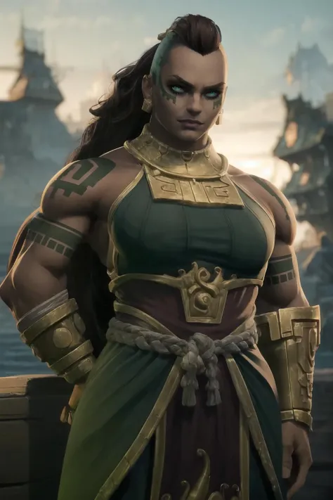 illaoi, illa outfit, thick muscular arms, standing on pirate ship, hands on hips, day time, looking at viewer, slight smile, relaxed expression, green eyes, (cowboy shot), (insanely detailed, beautiful detailed face, masterpiece, beautiful detailed eyes, best quality) <lora:Illaoi:0.8>