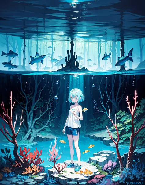 1girl, white camisole, blue shorts, (exquisitely detailed skin), underwater, fishes, plants, fantasy, best shadow,intricate, cinematic light,perfect anatomy,(coolcolor:1.4),water,yushuishu,Forest system, (original), Underwater