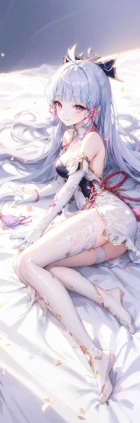 1girl, ayaka (genshin impact), solo, ornament, gloves, white hair, breasts, ahoge, long hair, looking at viewer, bare shoulders, white gloves, medium breasts, smile, bangs, full body, purple eyes, sidelocks, white sleeves, multicolored eyes, bow, ayaka\(genshin impact\) ,lighting, (white bed_sheet background), dynamic angle, (shine),ayaka, bare shoulder, <lora:flat2:-0.5>, <lora:kamisato ayaka:0.6>,lay on bed,full body filled images,(transparent clothes)