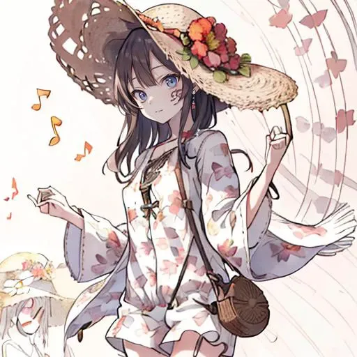 1girl,(Floral_printed_romper:1.5),(Straw_wide-brim_hat:1.4),(Rattan_crossbody_bag:1.3),(Music_festival_background:1.4),