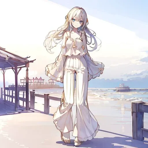 1girl,(Flowy_blouse:1.5),(Wide-leg_pants:1.4),(Espadrille_wedges:1.3),(Seaside_pier_background:1.4),