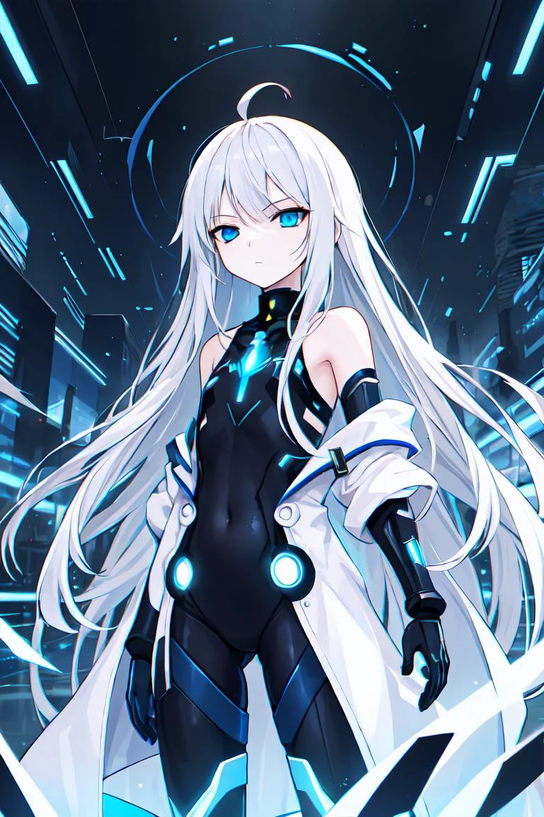 best quality, masterpiece, highly detailed, 1girl, corruption, bodysuit, city background, flat chest, white hair, very long hair, blue eyes, ahoge, blue magic, powerful, aura, endless void, blue void, quantum, expressionless, cold attitude, cybernetic coat, bare shoulders, long bangs, gauntlets