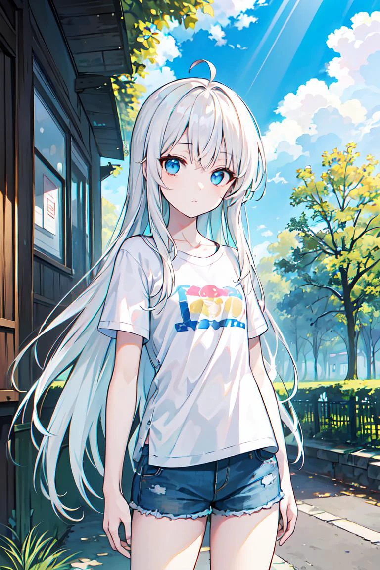 ((masterpiece)), (highres), (best quality), (highly detailed), (original), (delicate background), (extremely detailed 8K wallpaper), beautiful detailed eyes, depth of field, perspective, blue eyes, 1girl, solo, ice cream, expressionless, ahoge, absurdly long hair, white hair, t-SHIRT, bae shoulders, denim shorts, sunny, outside, blue sky, (flat chest:1.2), trees, buildings, rtx, sun rays