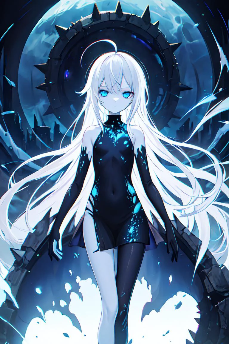 best quality, masterpiece, highly detailed, 1girl, eldrich horror, blue void, quantum, eerie, dark portal, universe, chromatic aberration, evil, villain, white hair, very long hair, ahoge, blue eyes, lovecraft, pale skin, expressionless, tight bodysuit dress, goddess, ruler of darkness, apocalypse,flat chest, absence of value and meaning, monster, bare legs, bare shoulders, spikes, soft fabric waist extension