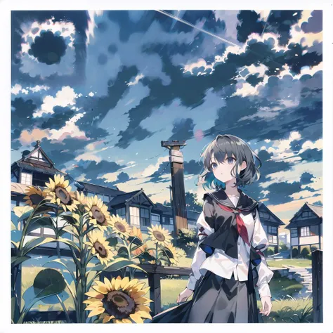 master bean ock, black eyes, black hair, black skirt, blue sky, building, bush, cloud, commentary request, day, grass, highres, house, kazami yuuka, long sleeves, looking at viewer, medium hair, outdoors, photoshop medium, power lines, road, scenery, shirt, signature, skirt, sky, solo, sunflower, touhou, utility pole, white shirt, wide shot, yellow sky, zun artist, zun style