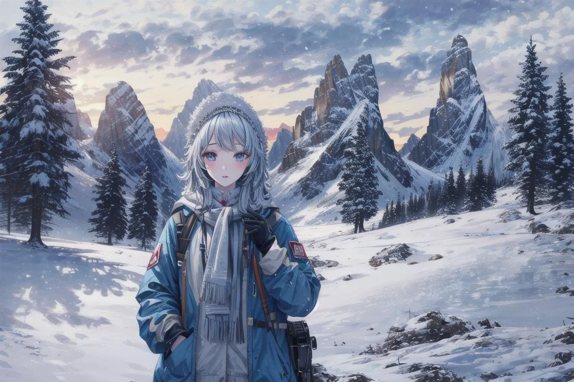 a profestional picutre of winter ,Dolomites, Italy: Among the Majestic Peaks: Amidst the towering peaks of the Dolomites, white summits covered in snow contrast against the sky, creating a picturesque view. Frozen lakes and forests add charm to this winter landscape. ,wide angle, landscape , photorealism,unreal 5 daz, extremely detailed ,((ultrasharp)),((masterpiece)),((best quality)),((ultradetailed)),((intricated details)), extremaly detailed background, <lora:add_detail:0.7> ultra realistic,32k,RAW photo, 8k ,dslr,soft lighting,high quality,film grain, beautiful and aesthetic,extremely detailed, natural shadows, <hypernet:sxzBloom_sxzBloom:0.7>