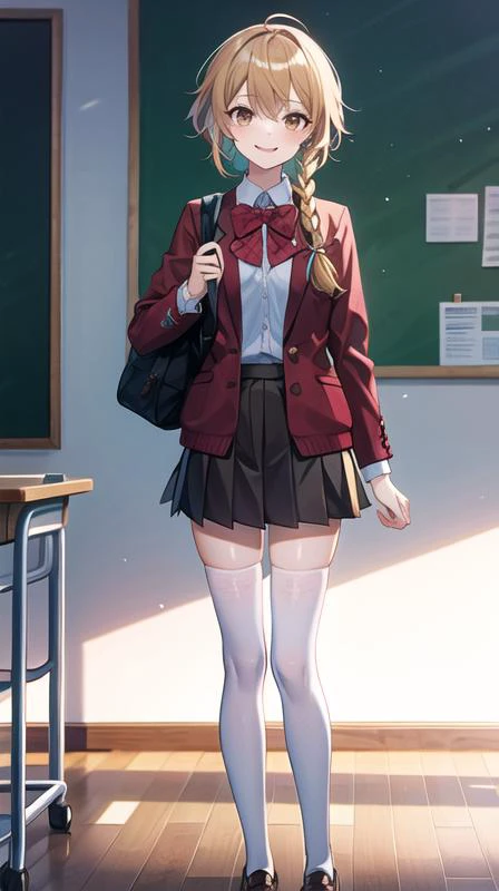 1girl,solo,school uniform,red jacket,brown skirt,plaid skirt,pleated skirt,school bag,bowtie,white thighhighs,hair ribbon,
blonde hair,brown hair,short hair,short hair with long locks,twin braids,sidelocks,ahoge,
brown eyes,smile,
looking at viewer,standing,
indoors,classroom,school desk,