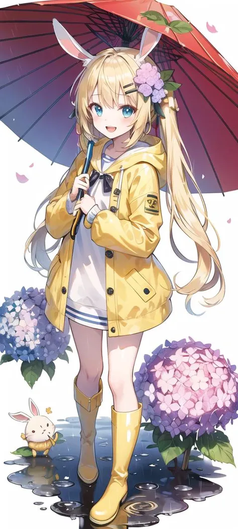 1girl,rainbow,raincoat,yellow raincoat,rubber boots,hydrangea,flower,long hair,twintails,boots,blush,umbrella,open mouth,hair ornament,white background,hood,solo,teruterubouzu,very long hair,hood up,long sleeves,low twintails,bow,bangs,smile,animal hood,blue eyes,rabbit,closed umbrella,puddle,full body,:d,snail,yellow footwear,simple background,pink flower,standing,leaf umbrella,holding umbrella,food-themed hair ornament,hair bow,animal ears,holding,blonde hair,hair flower,rain,animal
